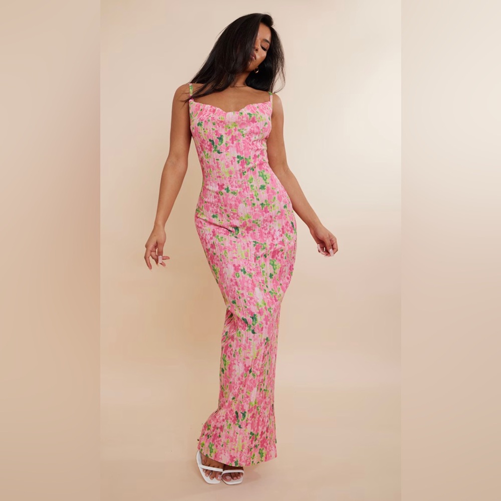 Pretty Little Thing Pink Floral Bodycon Maxi Dress